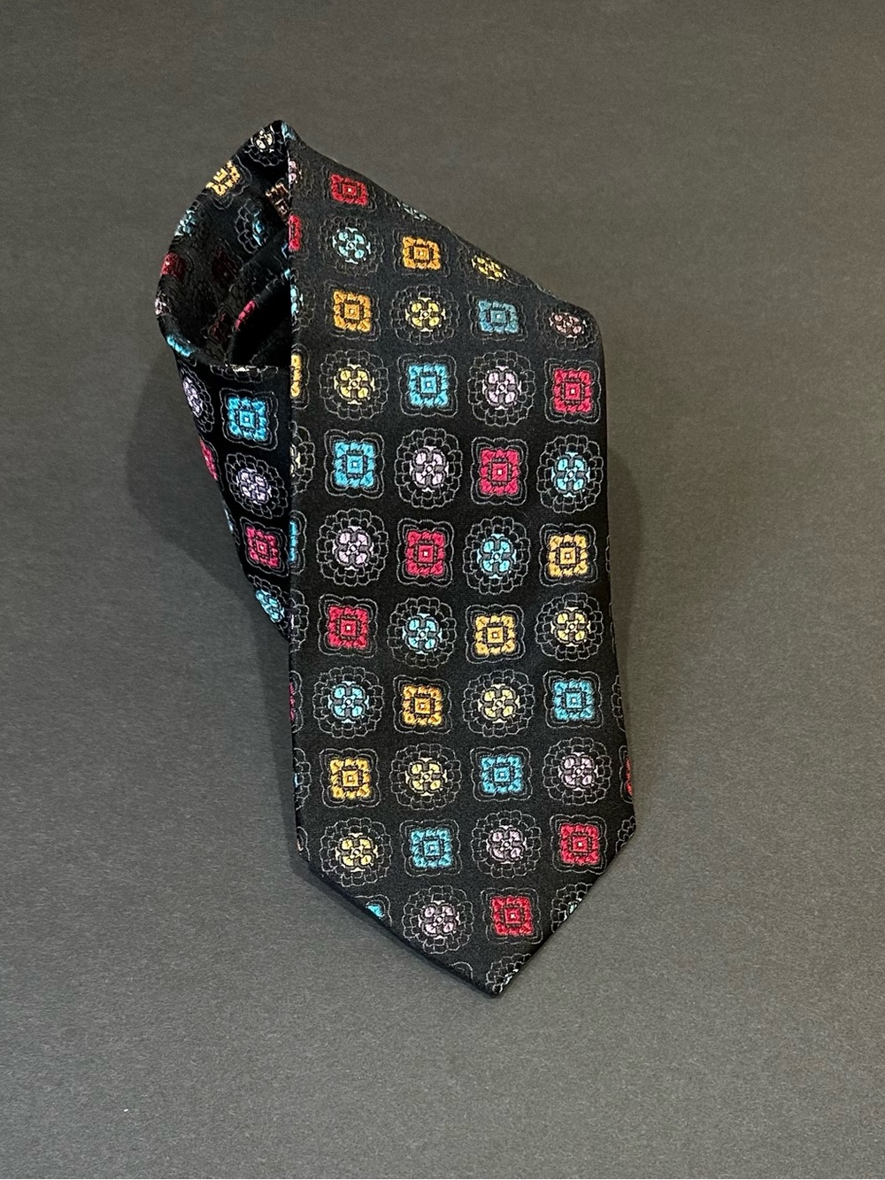 VTG 1990-2000s Dona Black/Multi Color  Silk Geometric Texture Medallion Necktie